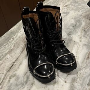 Alexander Wang Black Lace-Up Combat Boots with Silver Toe Accent 37.5